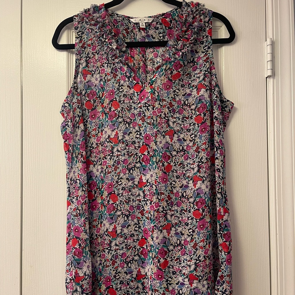 CAbi Blue Ruffled Blouse with Floral Design